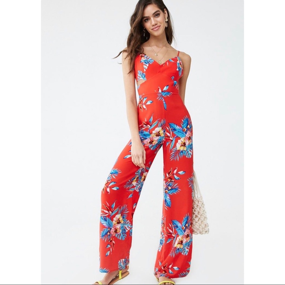 New Red Floral Cutout Jumpsuit